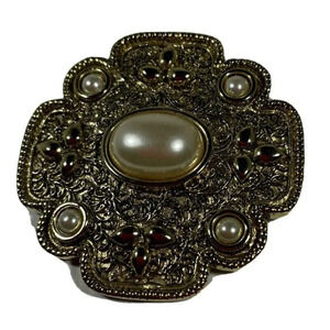 Landau‎ Gold Tone Faux Pearl Large Pin Brooch Vintage